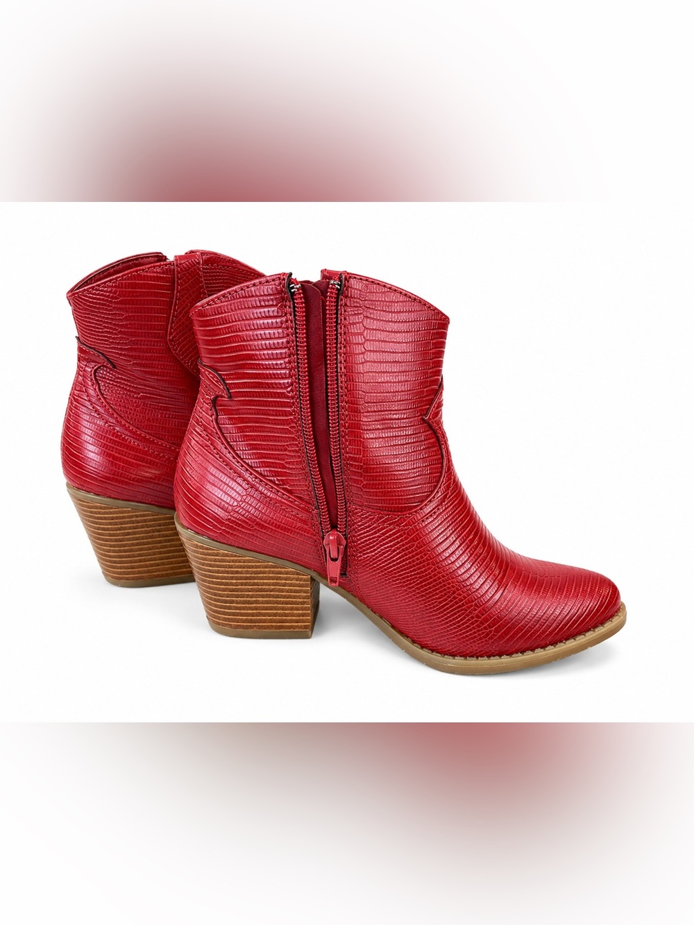 Red Textured Ankle Boots with Block Heel